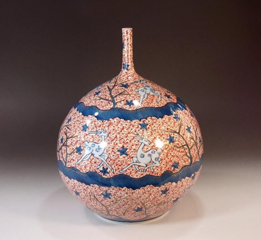 Meiji Japanese Contemporary Red Blue Purple Porcelain Vase by Master Artist For Sale