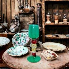 Green Red Gold Stardust Salviati Murano Glass Liqueur Goblet, Vintage Italy