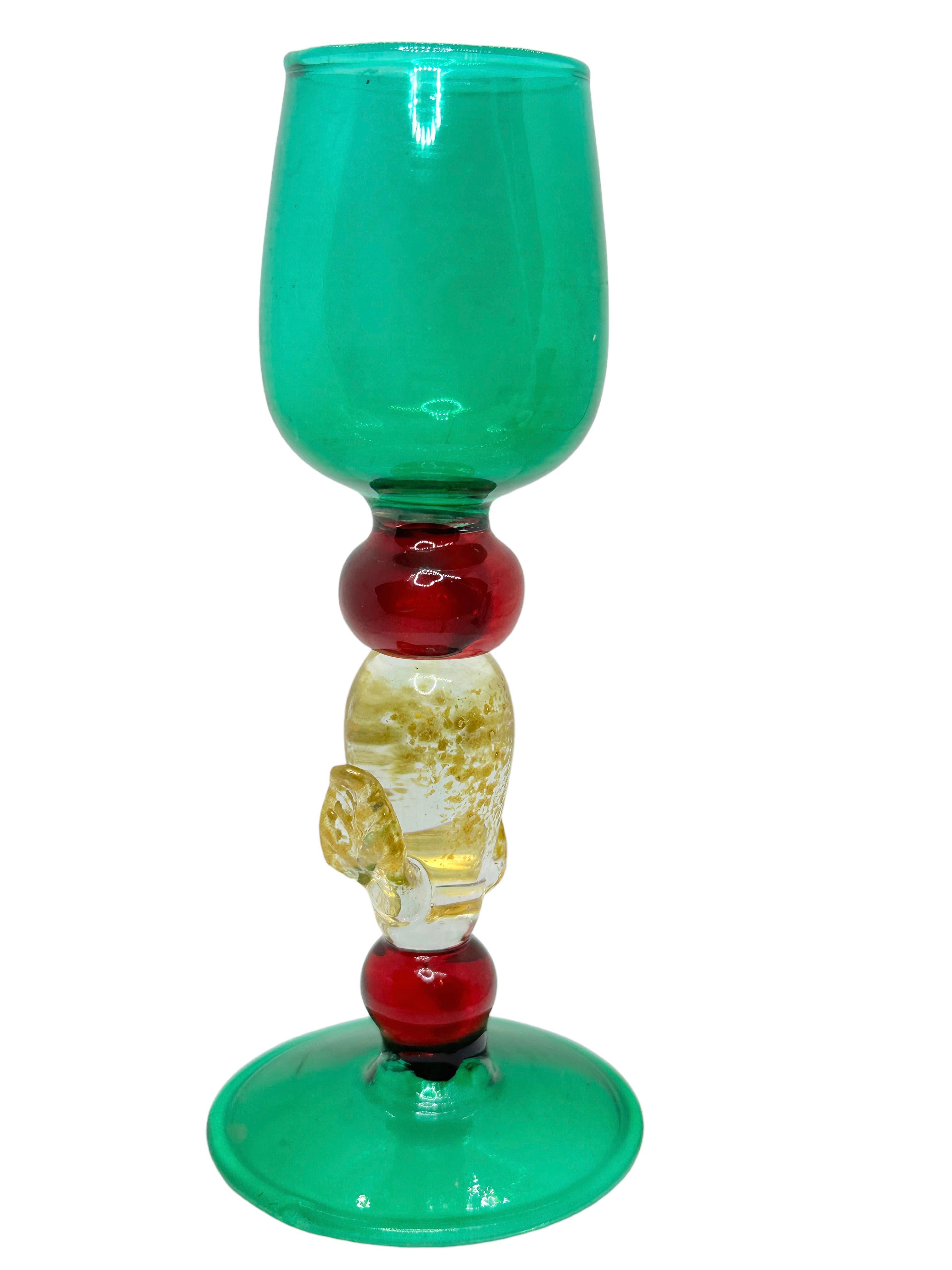 Renaissance Green Red Gold Stardust Salviati Murano Glass Liqueur Goblet, Vintage Italy  For Sale