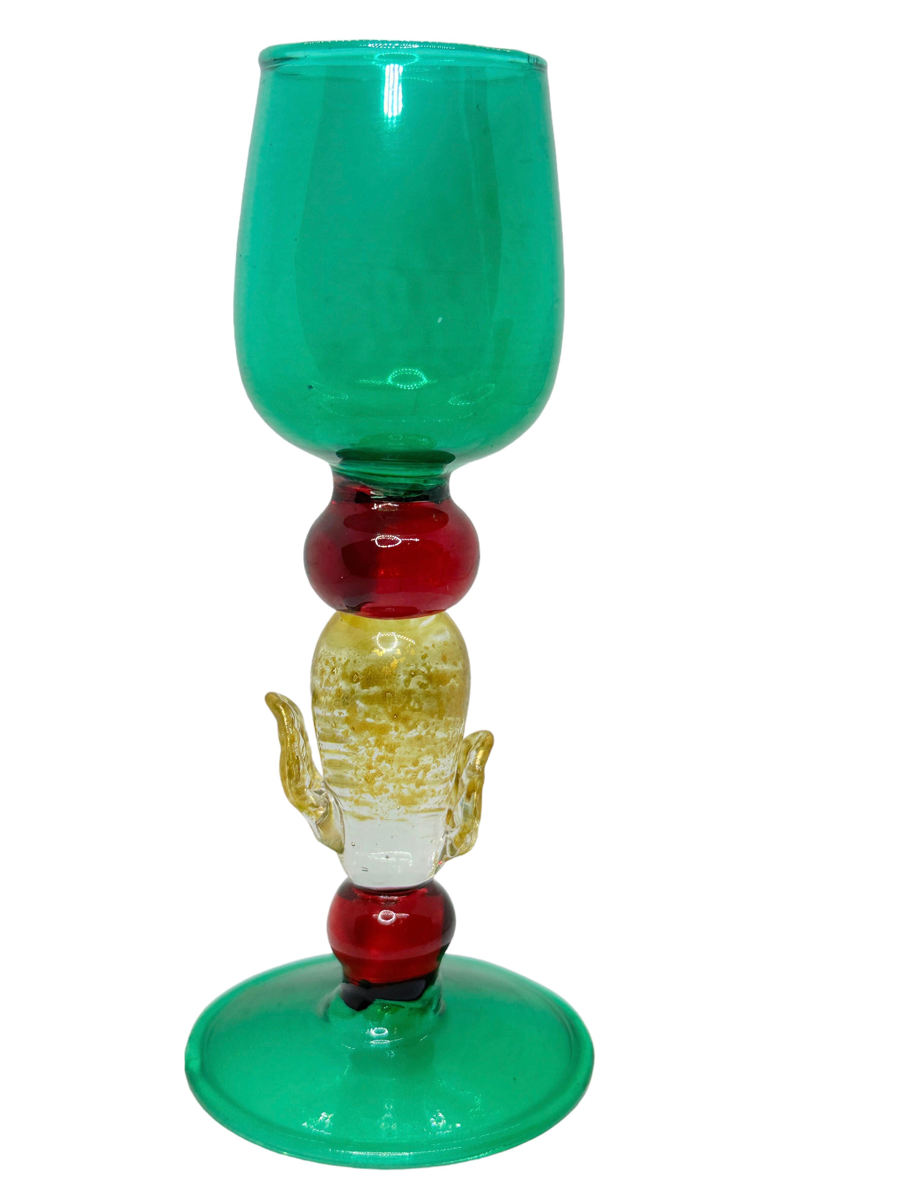 Italian Green Red Gold Stardust Salviati Murano Glass Liqueur Goblet, Vintage Italy  For Sale