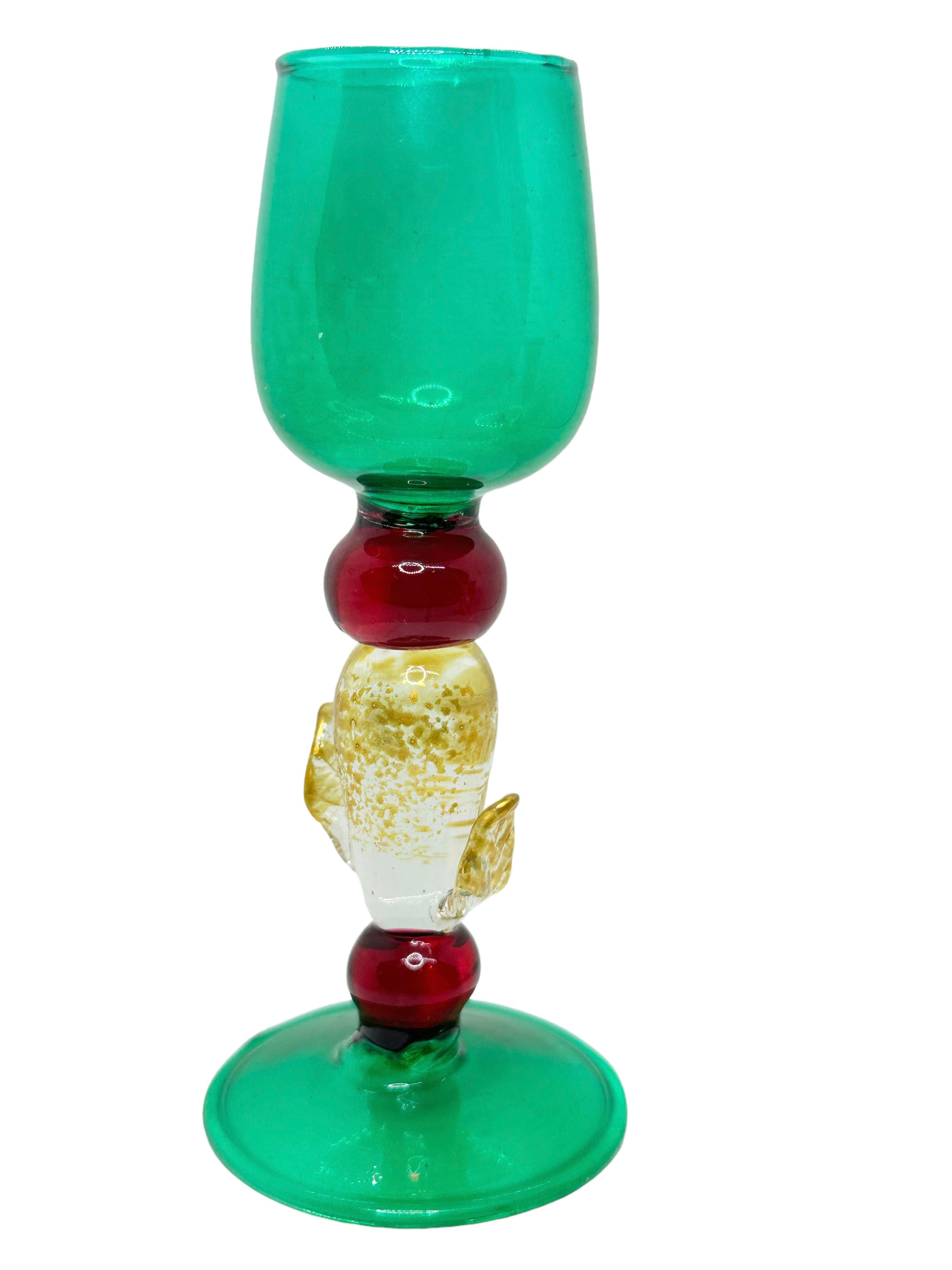 Hand-Crafted Green Red Gold Stardust Salviati Murano Glass Liqueur Goblet, Vintage Italy  For Sale