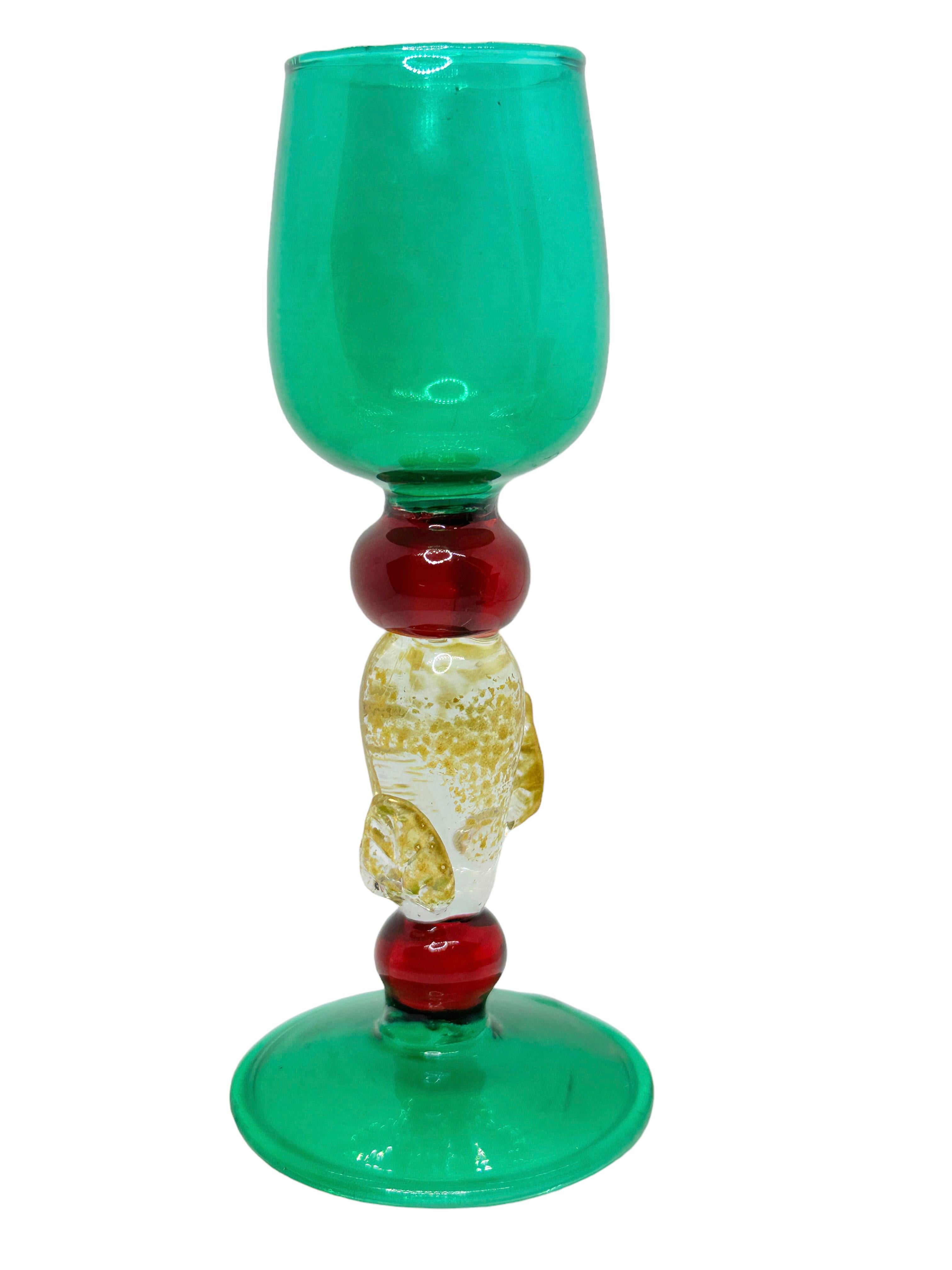 Hand-Crafted Green Red Gold Stardust Salviati Murano Glass Liqueur Goblet, Vintage Italy  For Sale