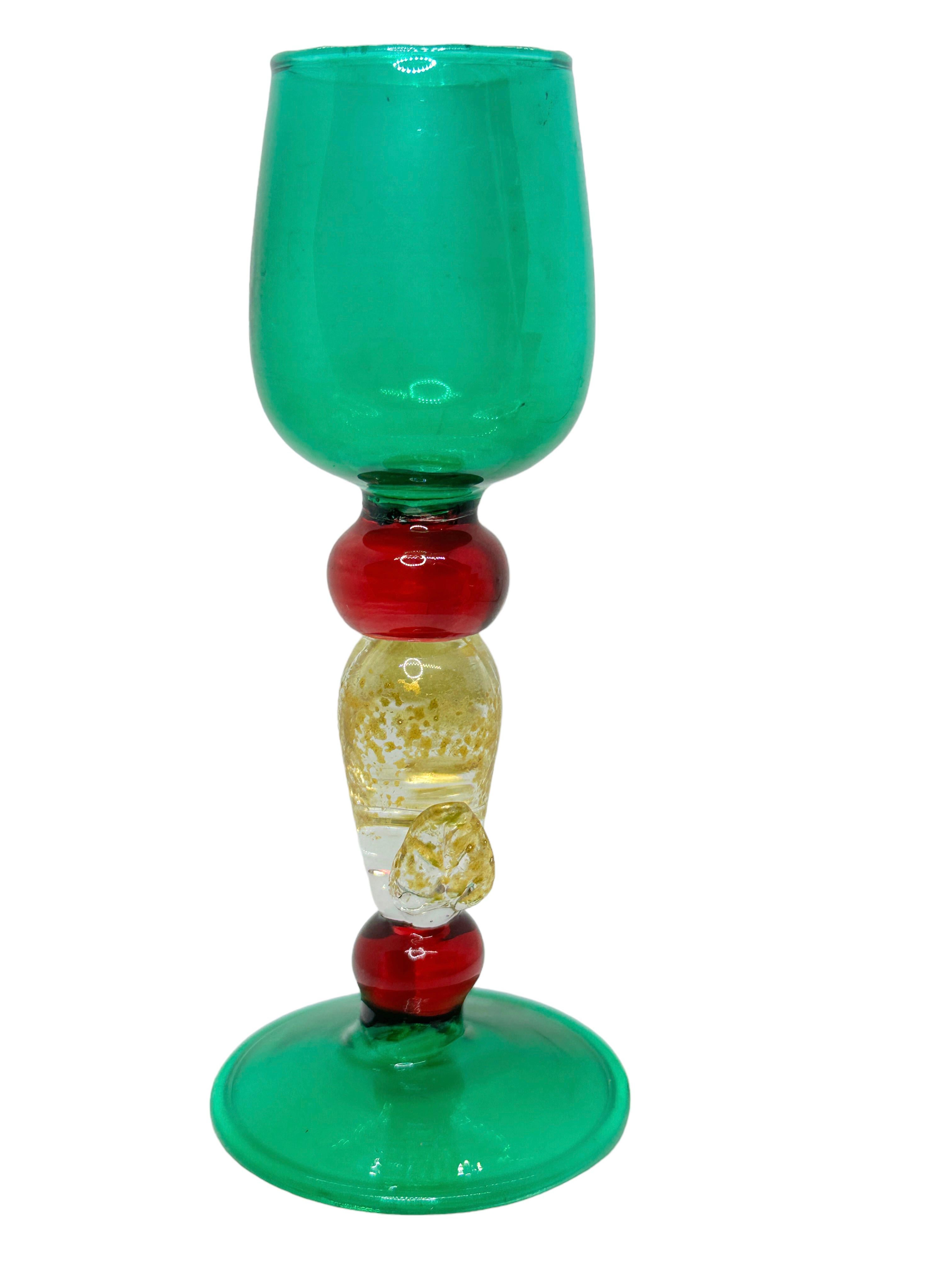 Blown Glass Green Red Gold Stardust Salviati Murano Glass Liqueur Goblet, Vintage Italy  For Sale