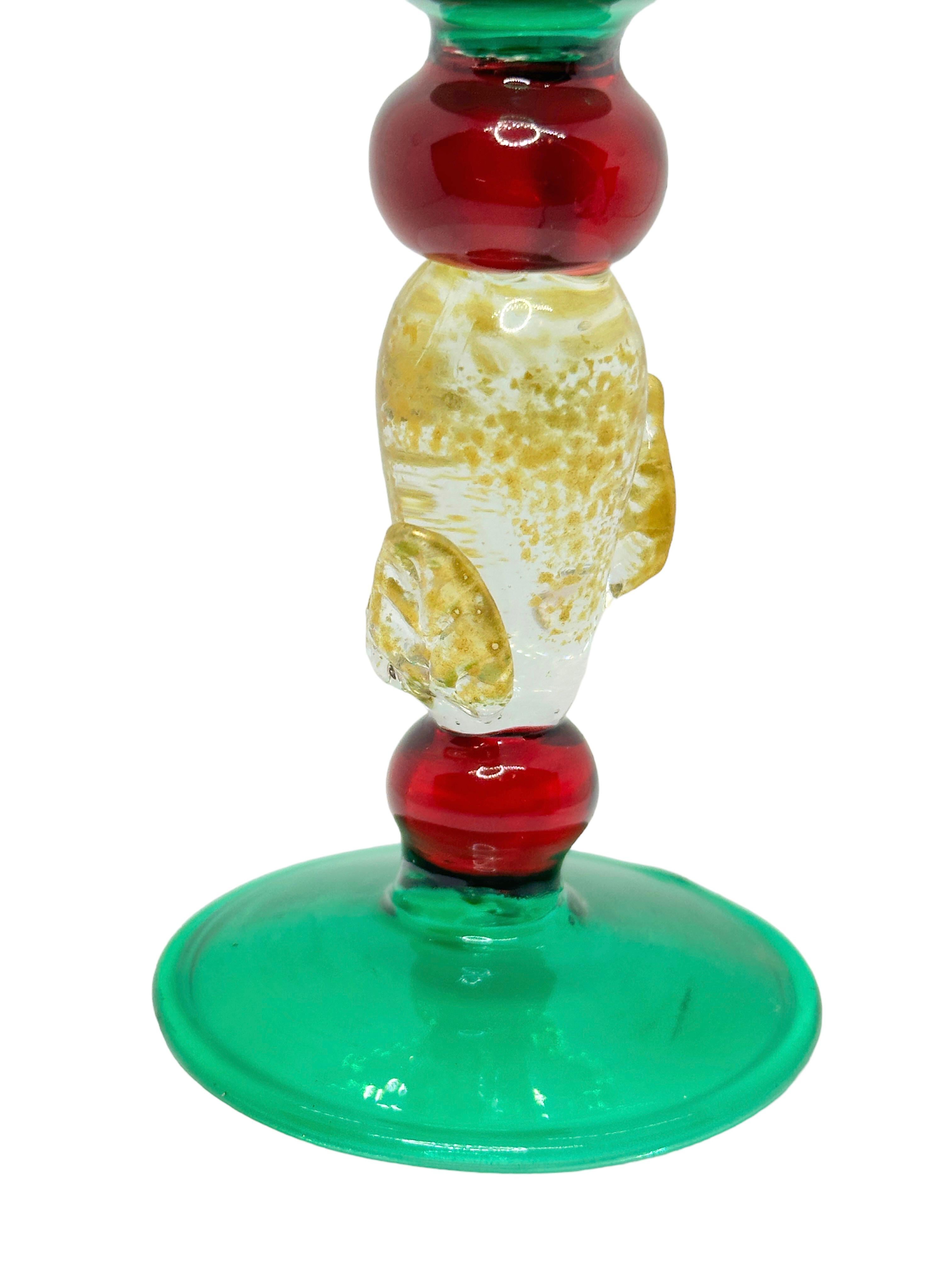 20th Century Green Red Gold Stardust Salviati Murano Glass Liqueur Goblet, Vintage Italy  For Sale