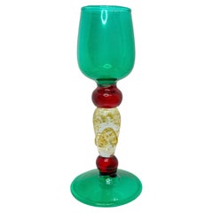 Green Red Gold Stardust Salviati Murano Glass Liqueur Goblet, Vintage Italy 
