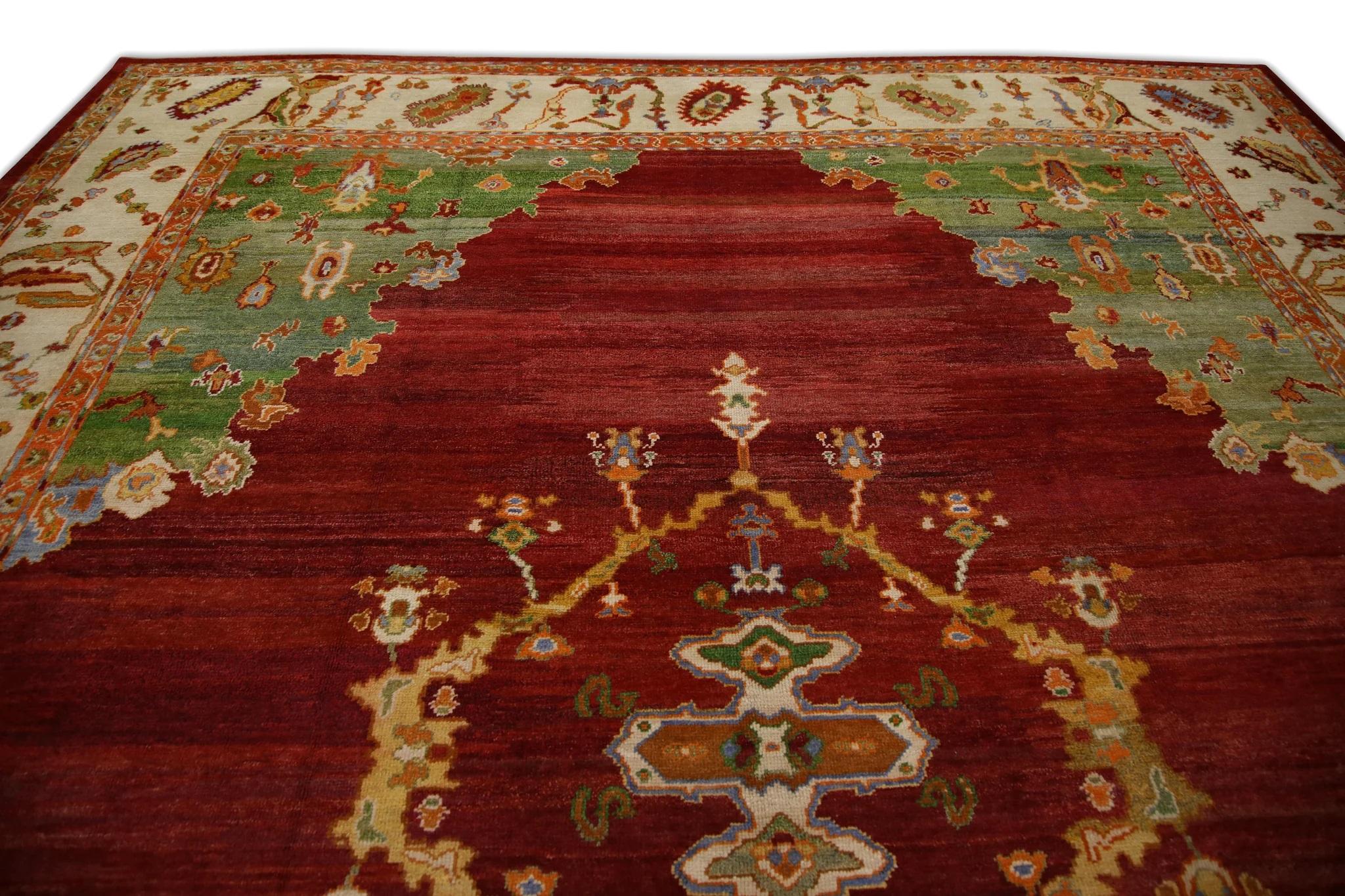 Contemporary Green & Red Handwoven Old Wool Turkish Oushak Rug 12'10