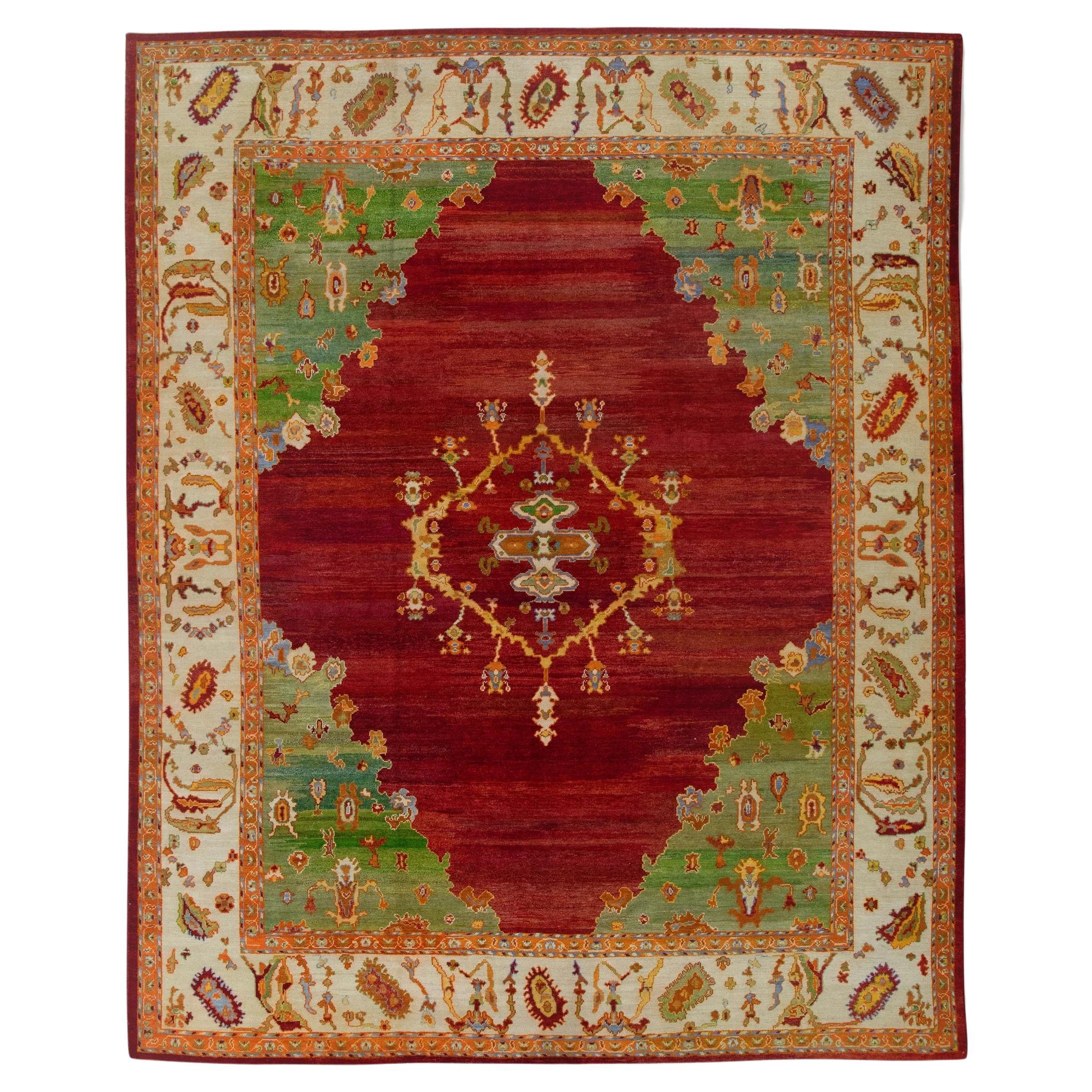 Green & Red Handwoven Old Wool Turkish Oushak Rug 12'10" x 15'11" For Sale