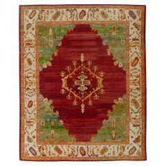 Türkischer Oushak-Teppich aus altem Wolle in Grün & Rot 12'10" x 15'11" handgewebt