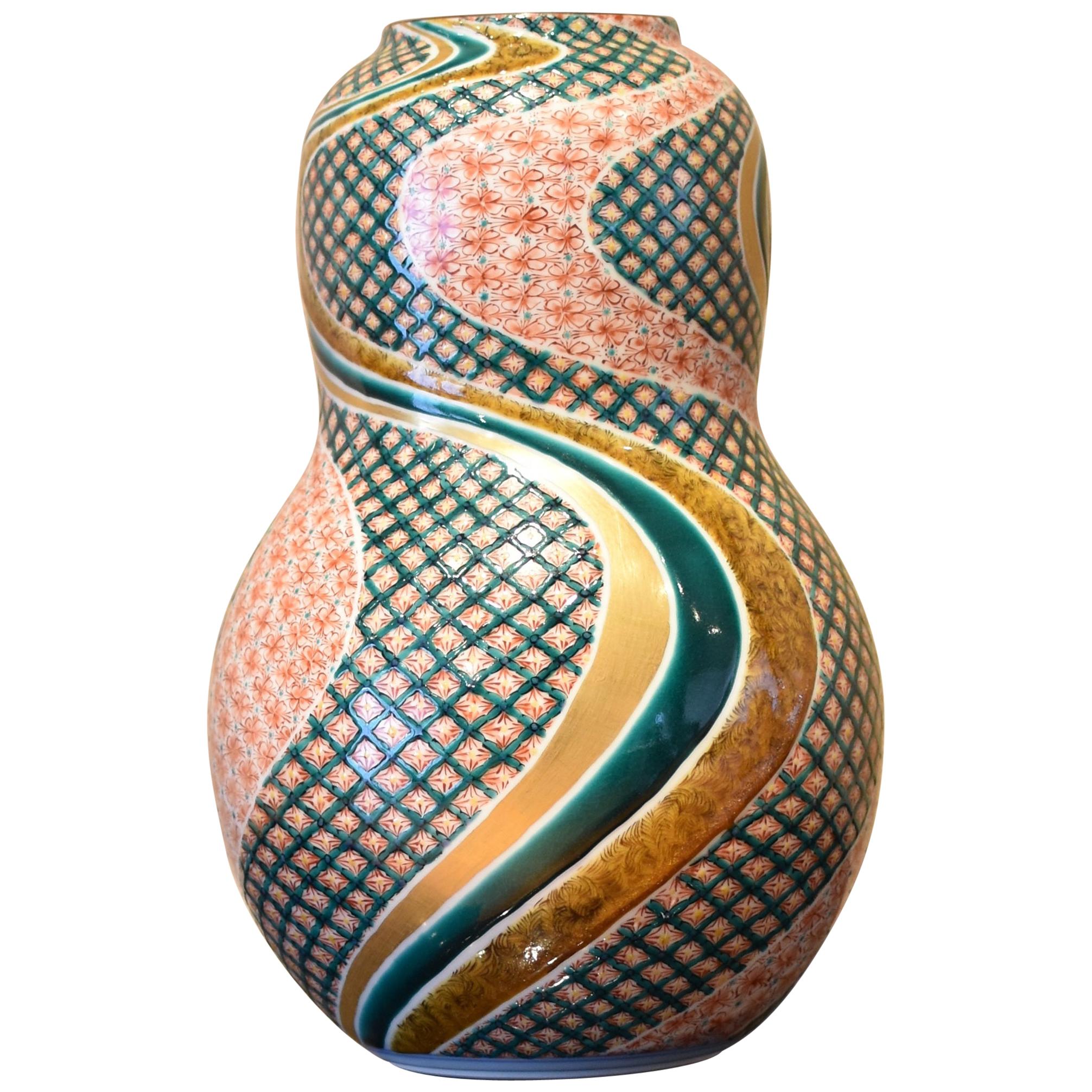 Japanese Contemporary Green Red Gold Porcelain Vase by Master Artist