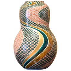 Japanese Contemporary Green Red Gold Porcelain Vase by Master Artist