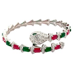 925 Solid Silver Green & Red Rhinestone Serpent Open Cuff Bangle Gift Bracelet