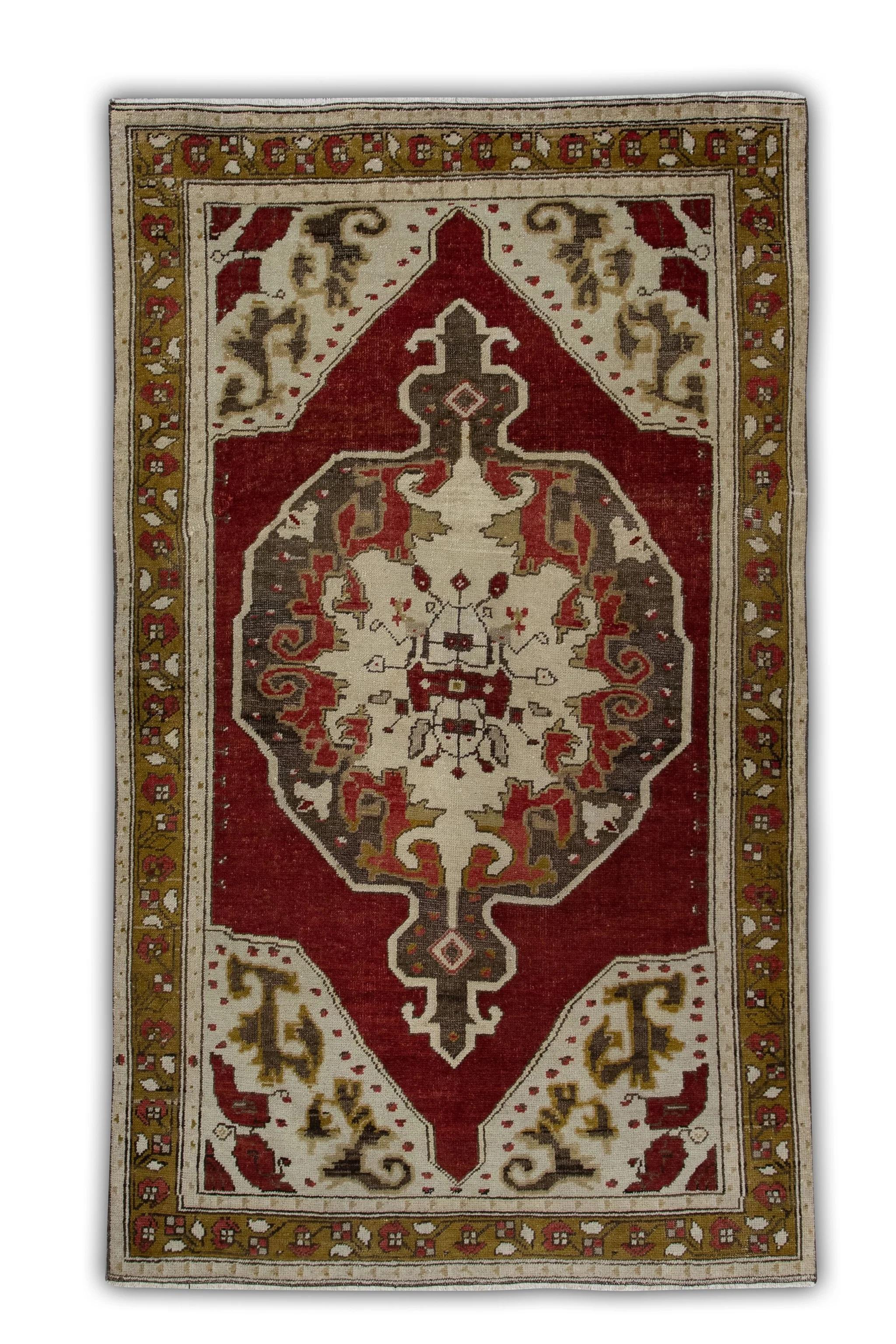 Wool Green & Red Vintage Turkish Rug 4' x 7' For Sale