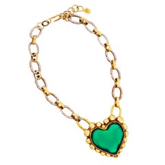 Green Resin Heart Pendant Necklace With Two Tone Chain By Emanuel Ungaro, 1980s