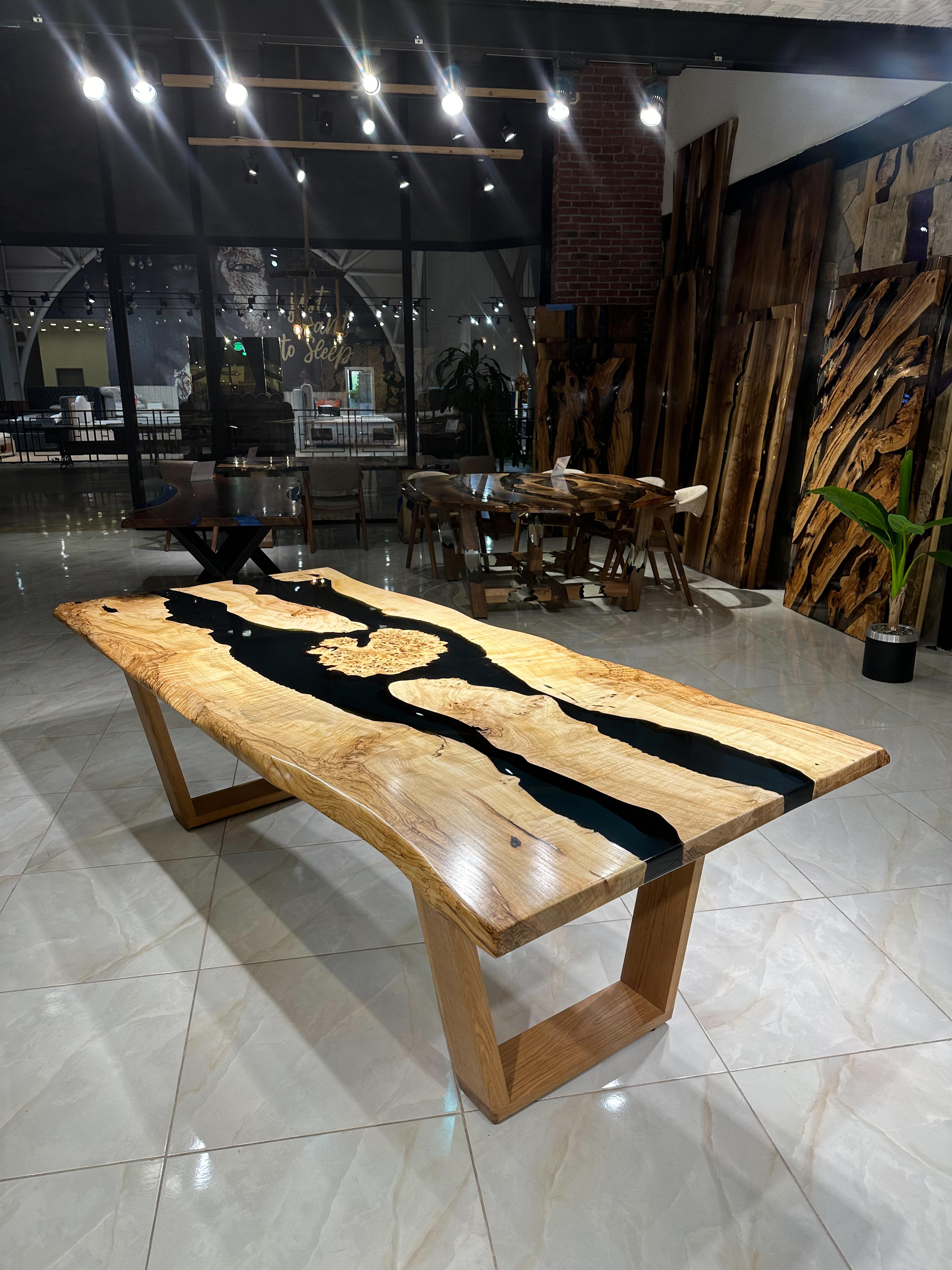 Turkish Ash Wood River Epoxy Dining Table - Luxury Furniture Custom Design For Sale