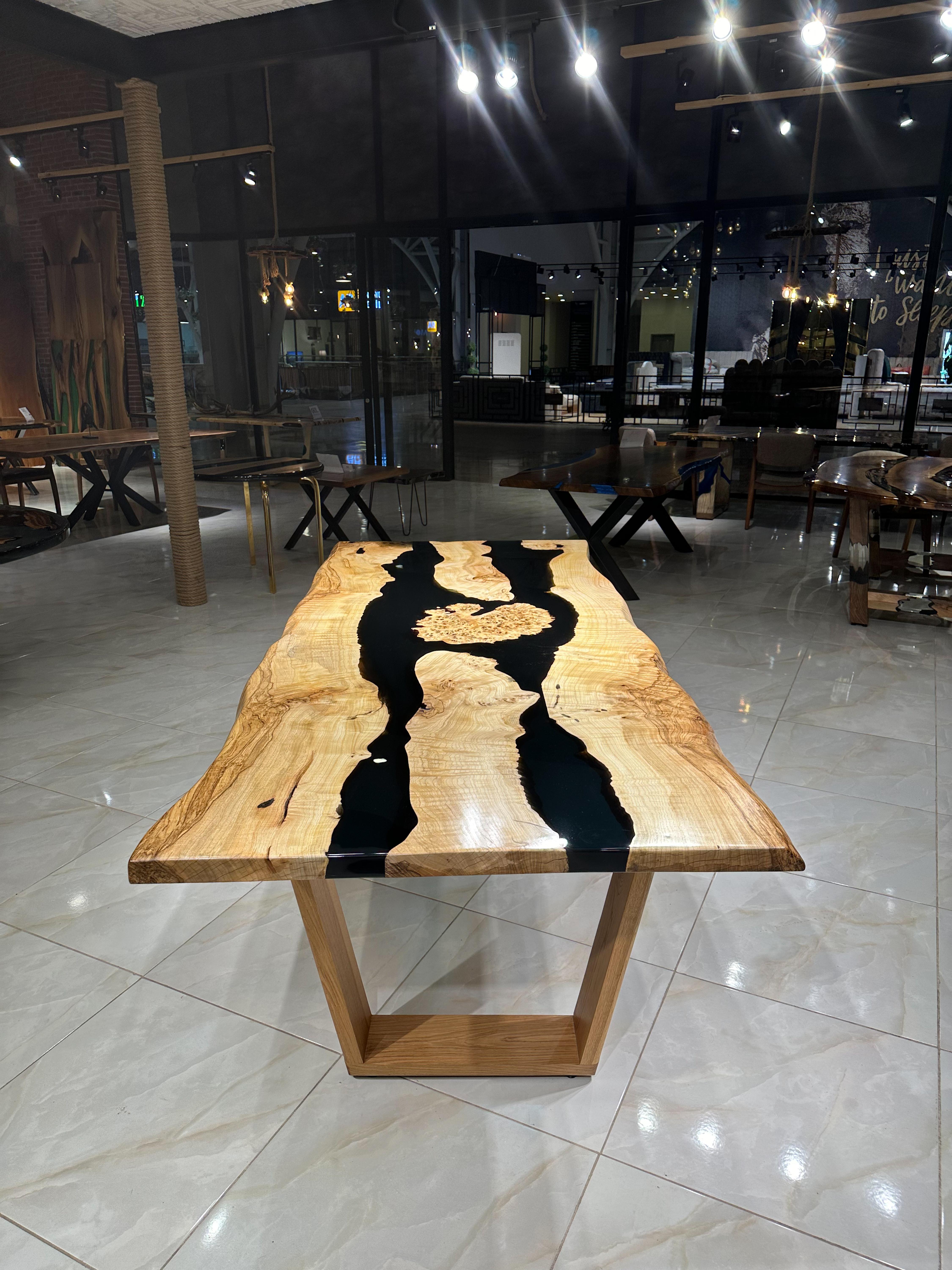 Hand-Painted Ash Wood River Epoxy Dining Table - Luxury Furniture Custom Design For Sale