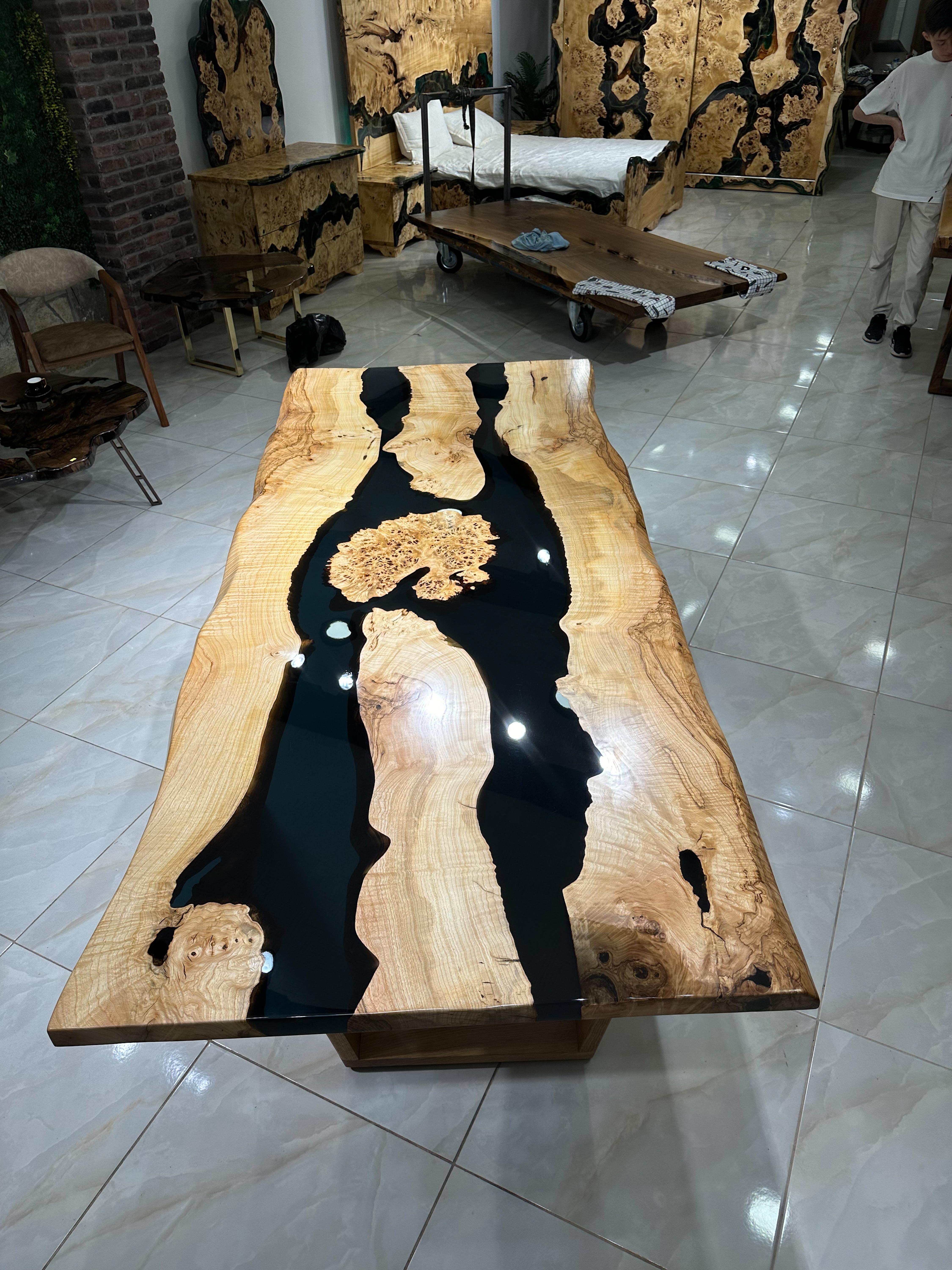 Contemporary Ash Wood River Epoxy Dining Table - Luxury Furniture Custom Design For Sale