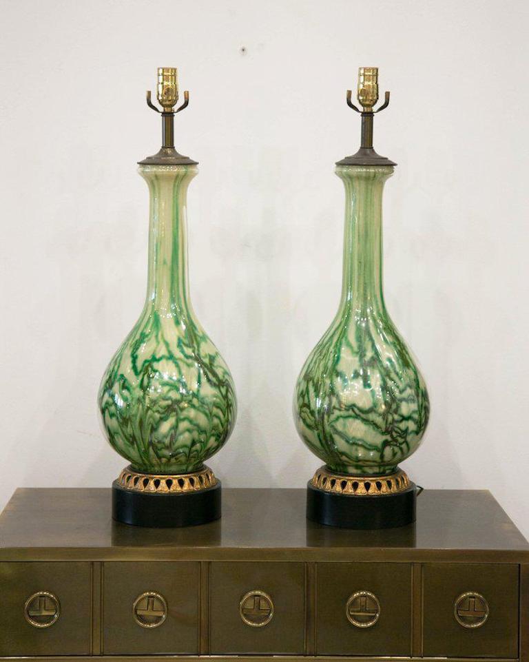 Mid-Century Modern Green Reverse Painted Glass Lamps, Pair
