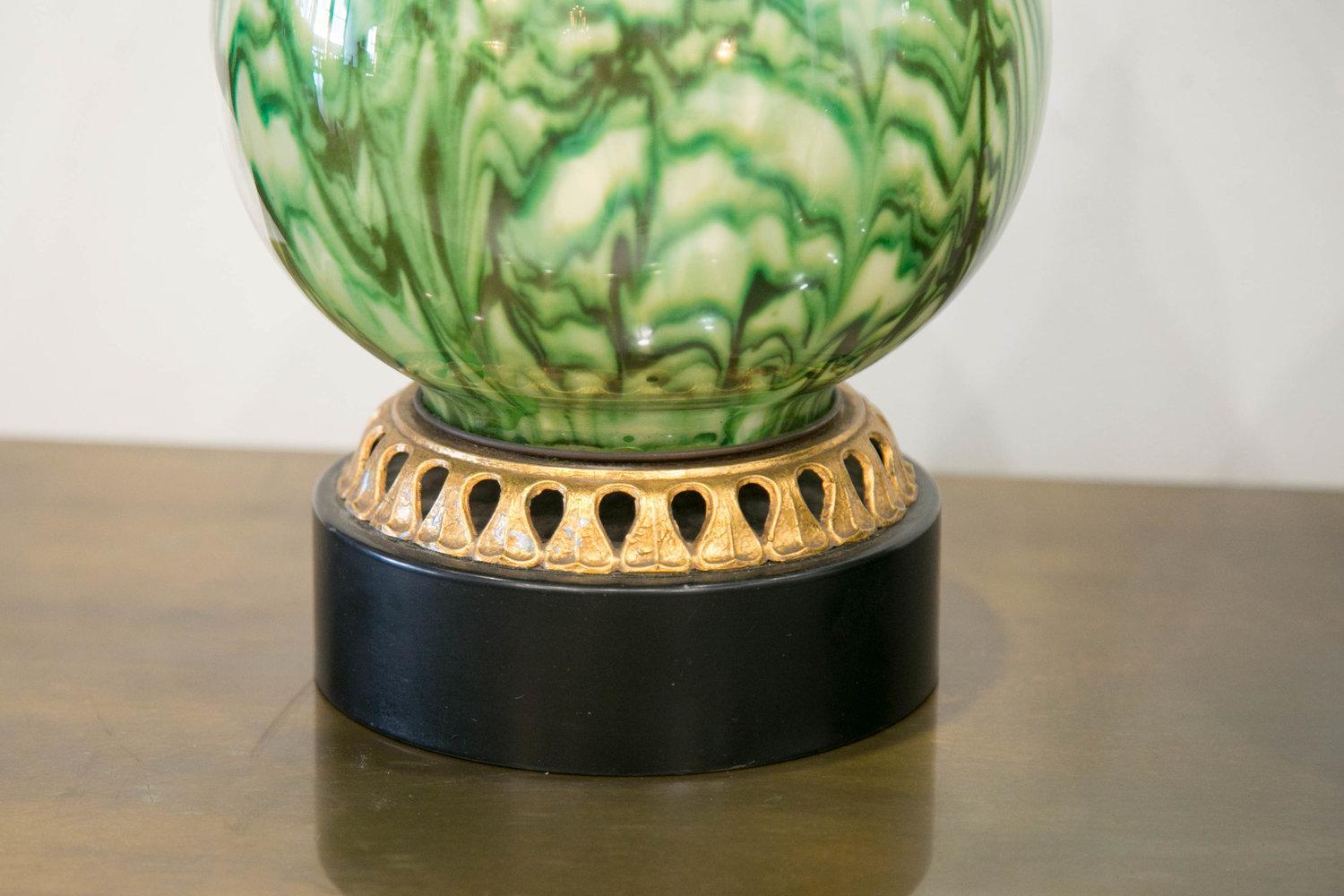 Mid-20th Century Green Reverse Painted Glass Lamps, Pair