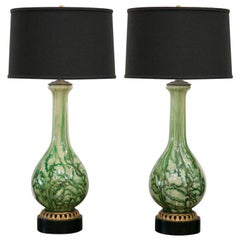Green Reverse Painted Glass Lamps, Pair