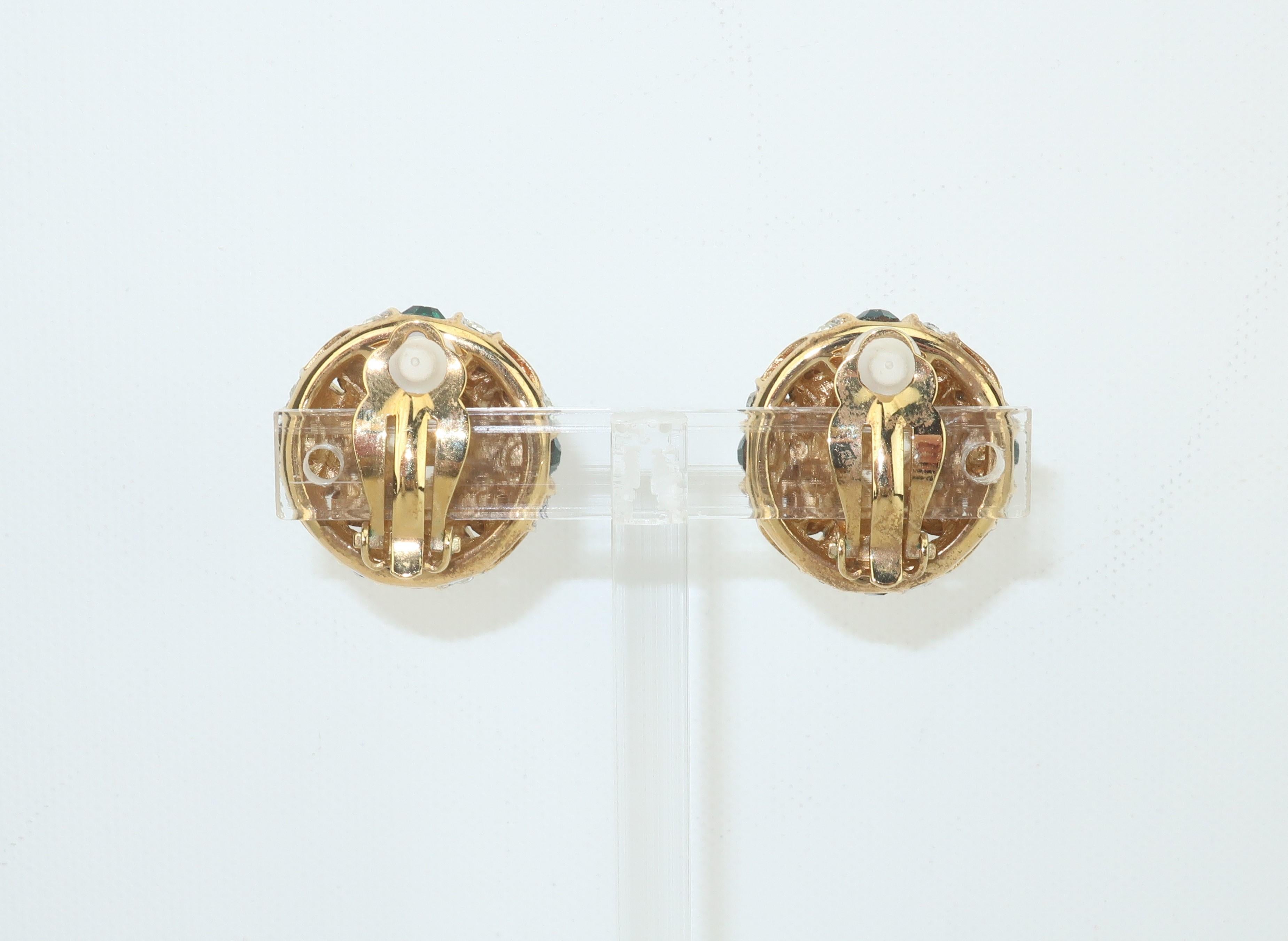 Modern Green Rhinestone Gold Tone Clip On Earrings, 1980's