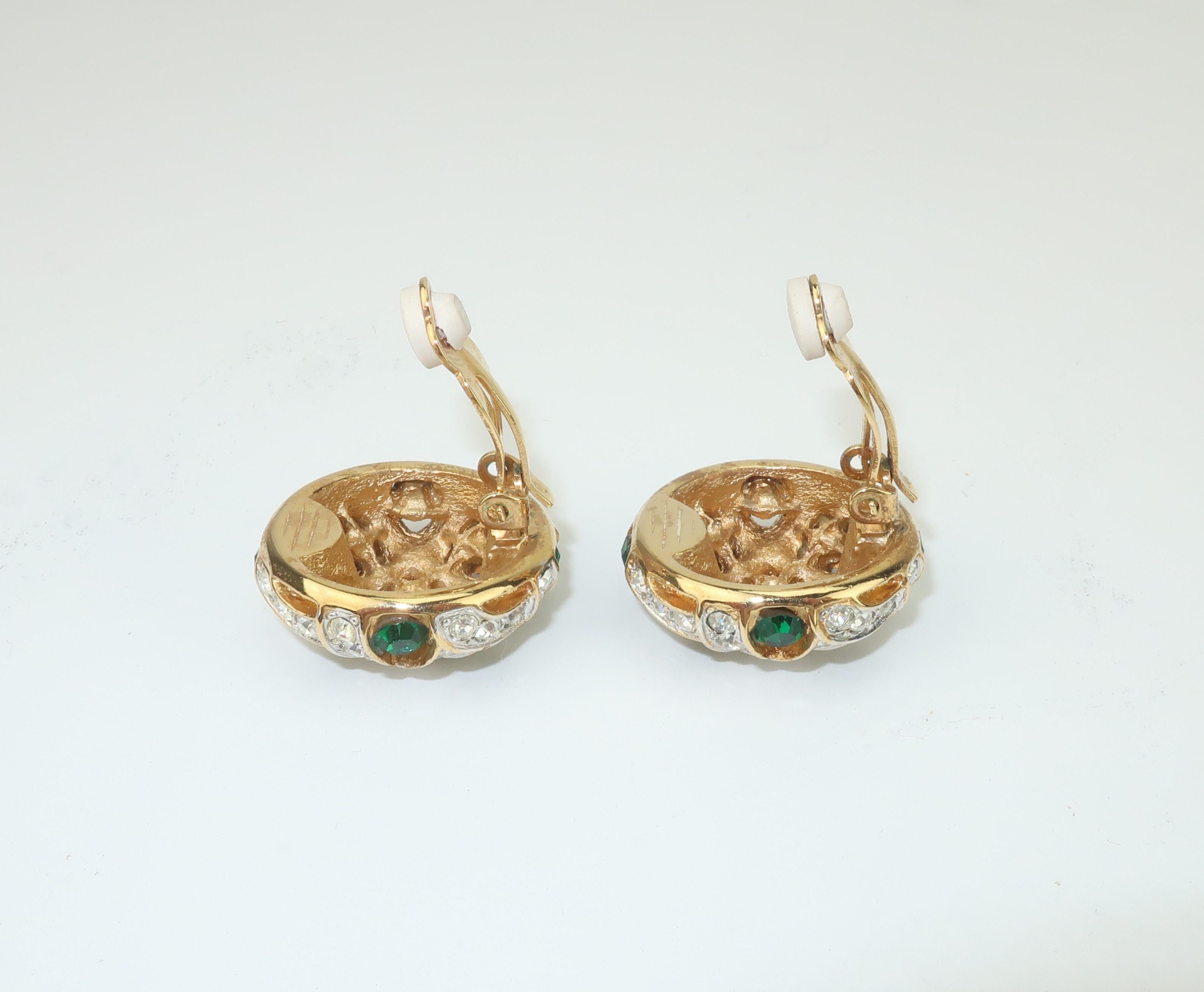 Green Rhinestone Gold Tone Clip On Earrings, 1980's 1