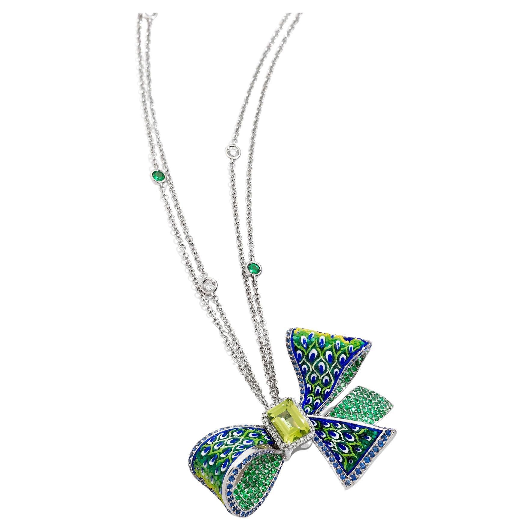 Green Ribbon Necklace White Gold White Diamonds Peridote Decorated Micromosaic  For Sale