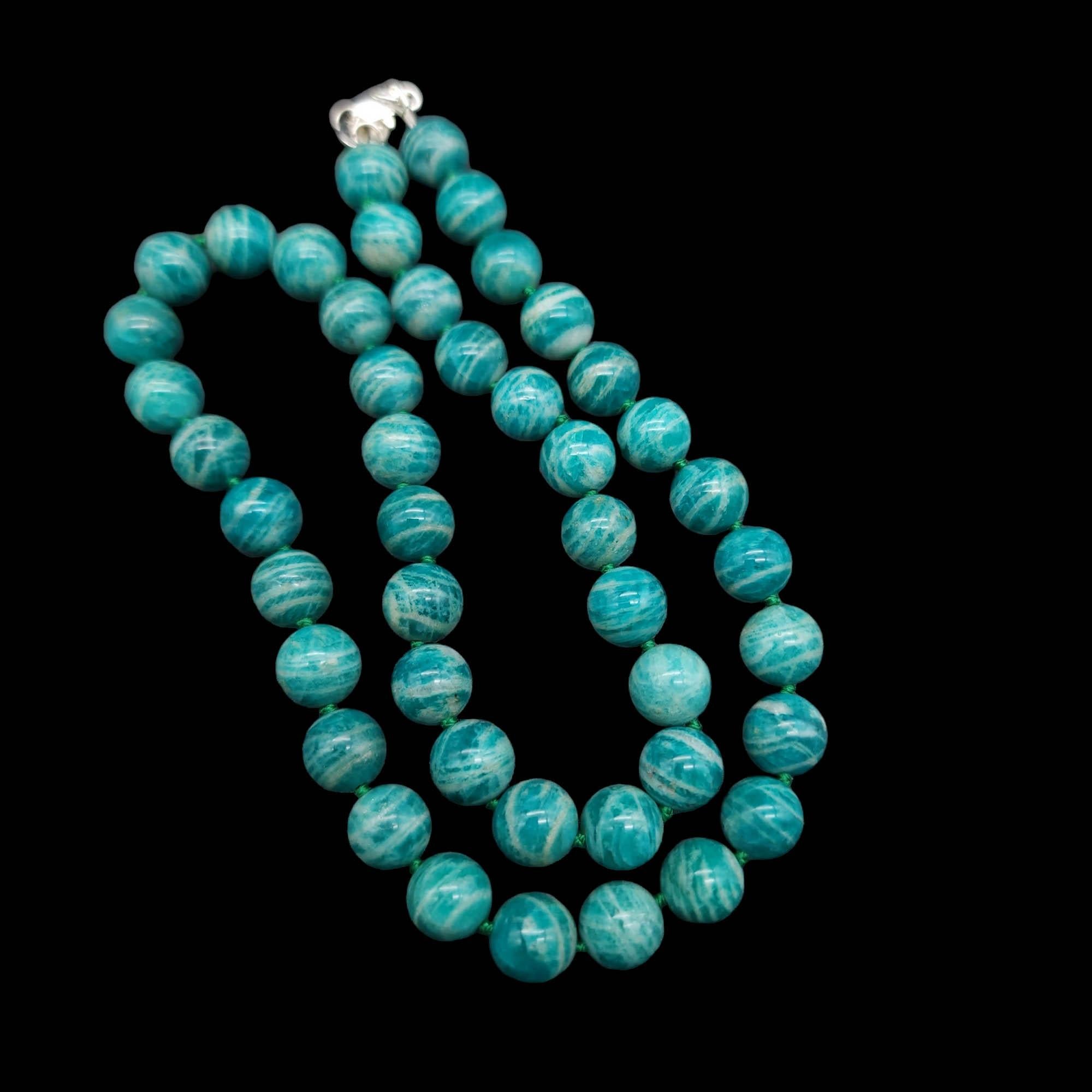 Retro Green Russian Amazonite Bead Knotted Necklace w Sterling Silver Clasp, Vintage For Sale