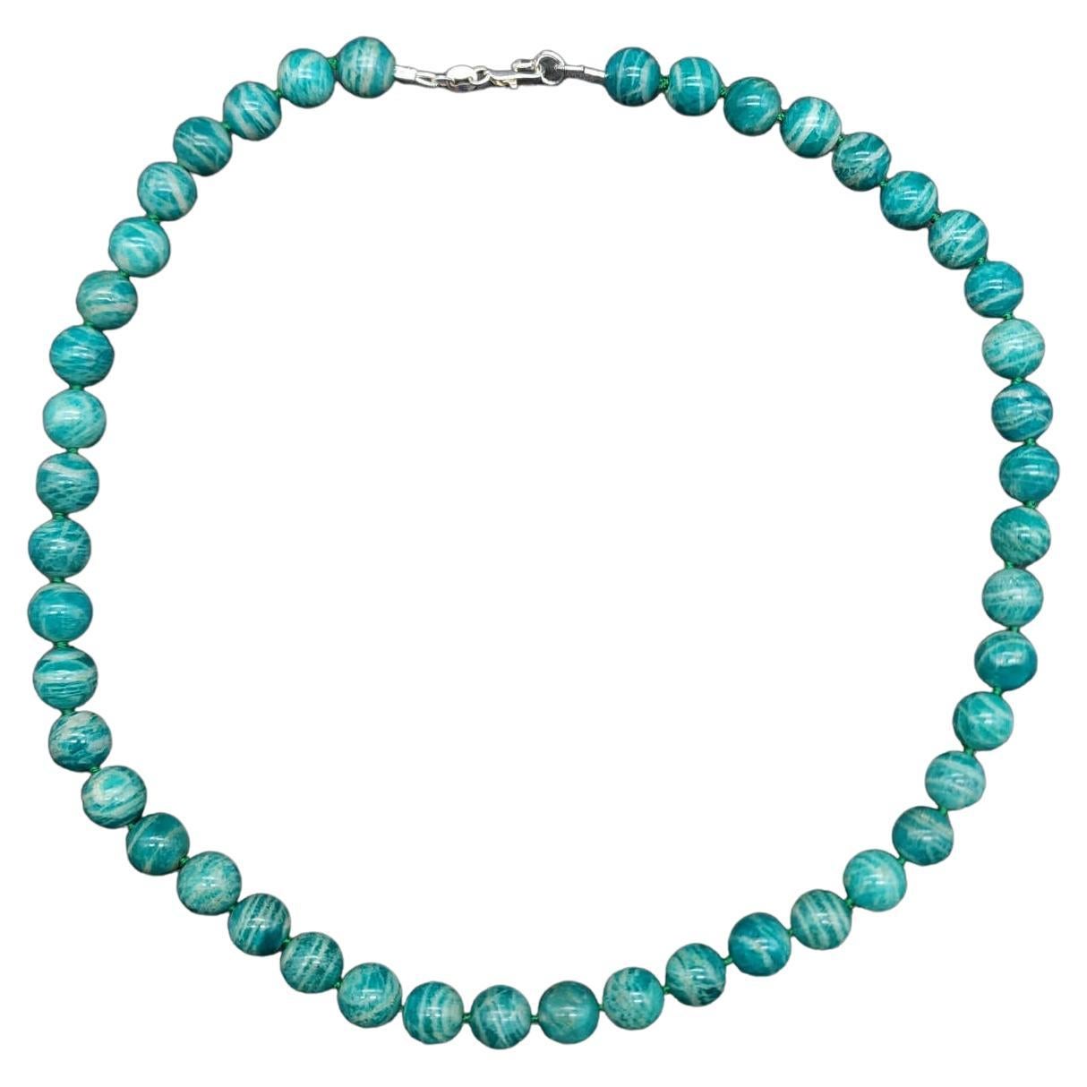 Green Russian Amazonite Bead Knotted Necklace w Sterling Silver Clasp, Vintage For Sale