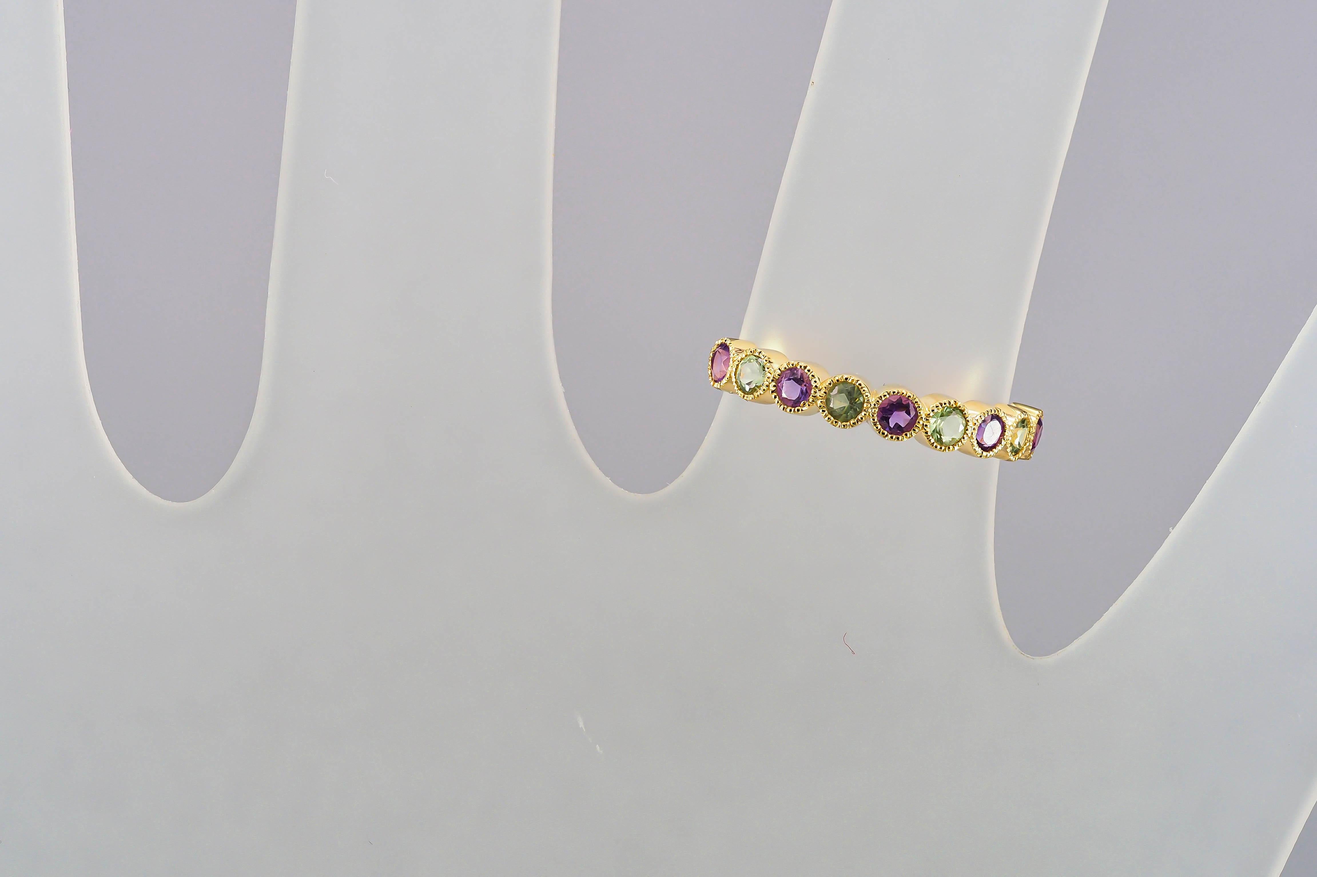 For Sale:  Green Sapphire, Amethyst Pave 14k gold half eternity Band. 10