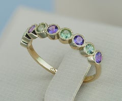 Green Sapphire, Amethyst Pave 14k gold half eternity Band.
