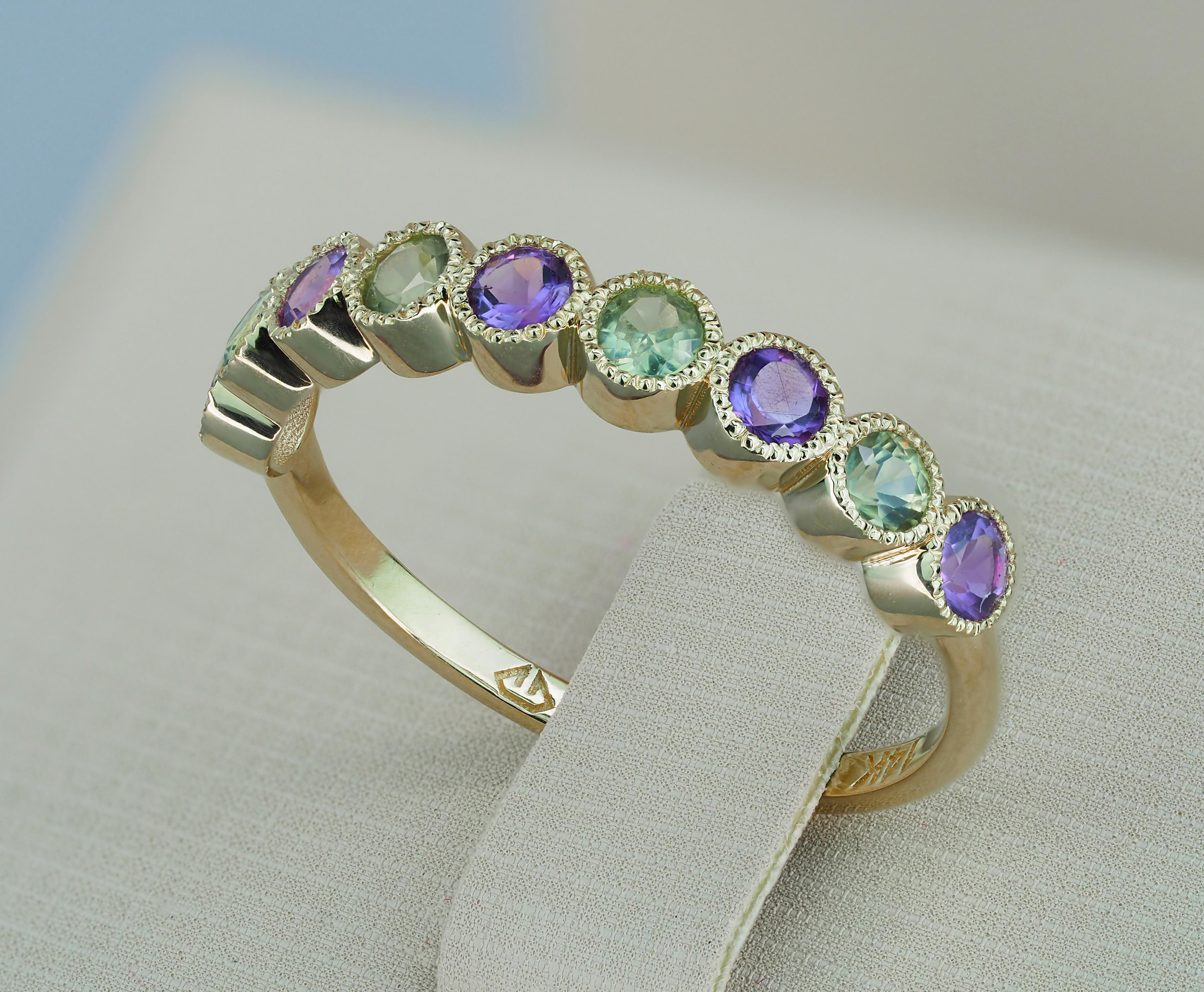 Green Sapphire, Amethyst Pave 14k gold half eternity Band.
Amethyst, sapphire Stacking Ring. 2 Birthstone Anniversary Ring.
Amethyst, sapphire Semi Eternity Ring Band. Amethyst, sapphire 14k gold ring. Round amethyst, sapphire ring. Half Eternity