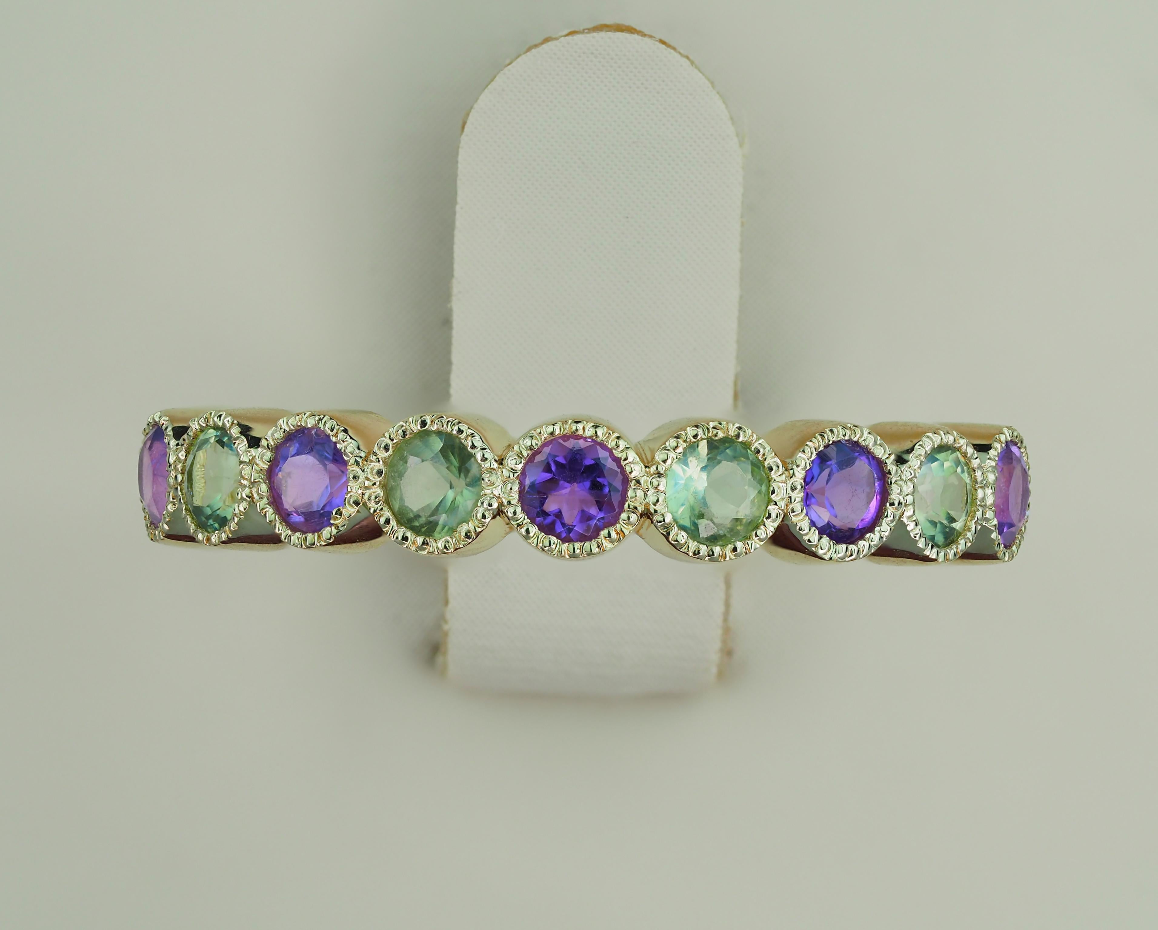 Modern Green Sapphire, Amethyst Pave 14k gold half eternity Band. For Sale