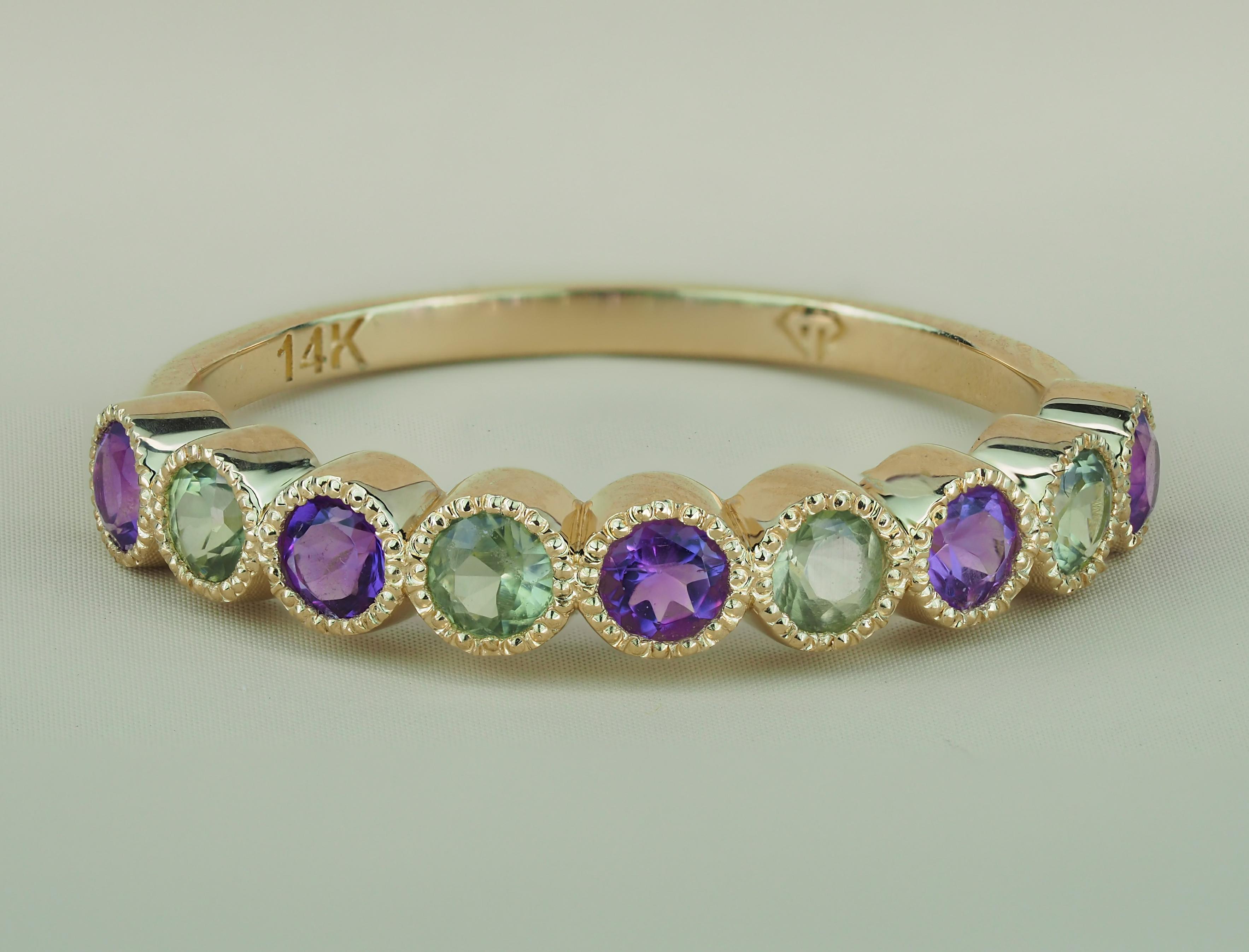 For Sale:  Green Sapphire, Amethyst Pave 14k gold half eternity Band. 6