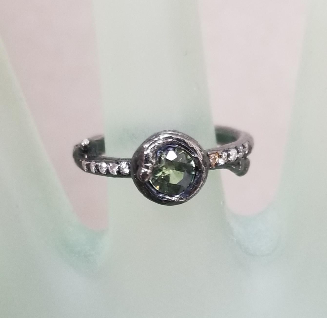 Women's or Men's 14k white gold Black Rhodium Green Sapphire and Diamond Bark Ring For Sale