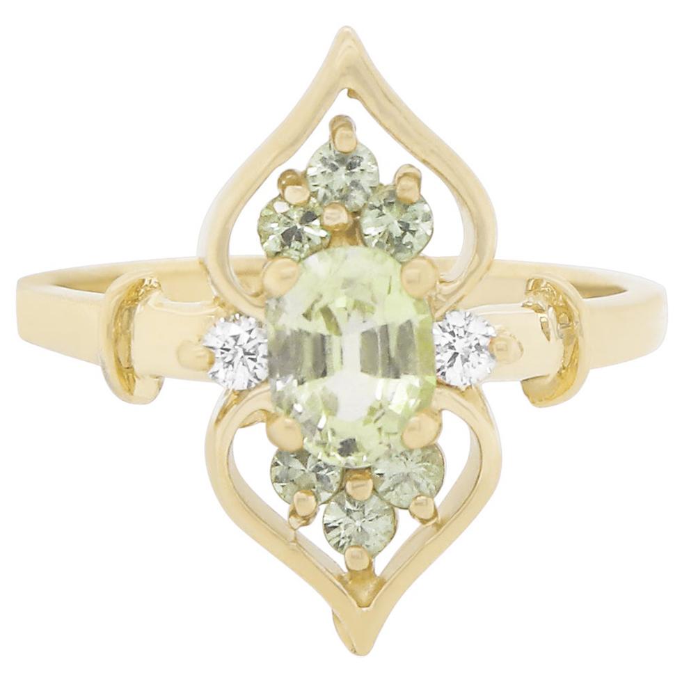 Green Sapphire and Diamond Marquise Shield Inspired Ring
