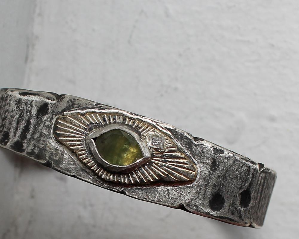 Green Sapphire and Diamond Mixed Metal Cuff Bracelet by Franny E For Sale 3