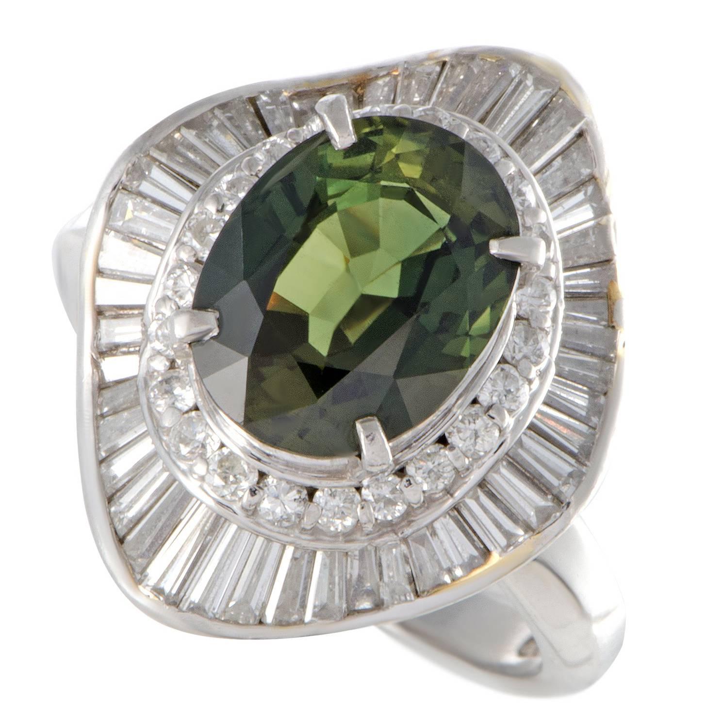 Green Sapphire and White Diamond Platinum Ring
