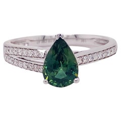 Asymmetrischer Ring mit grünem Saphir, 1,42 Karat Birne mit Diamanten, 14K W/Y/R Gold LV