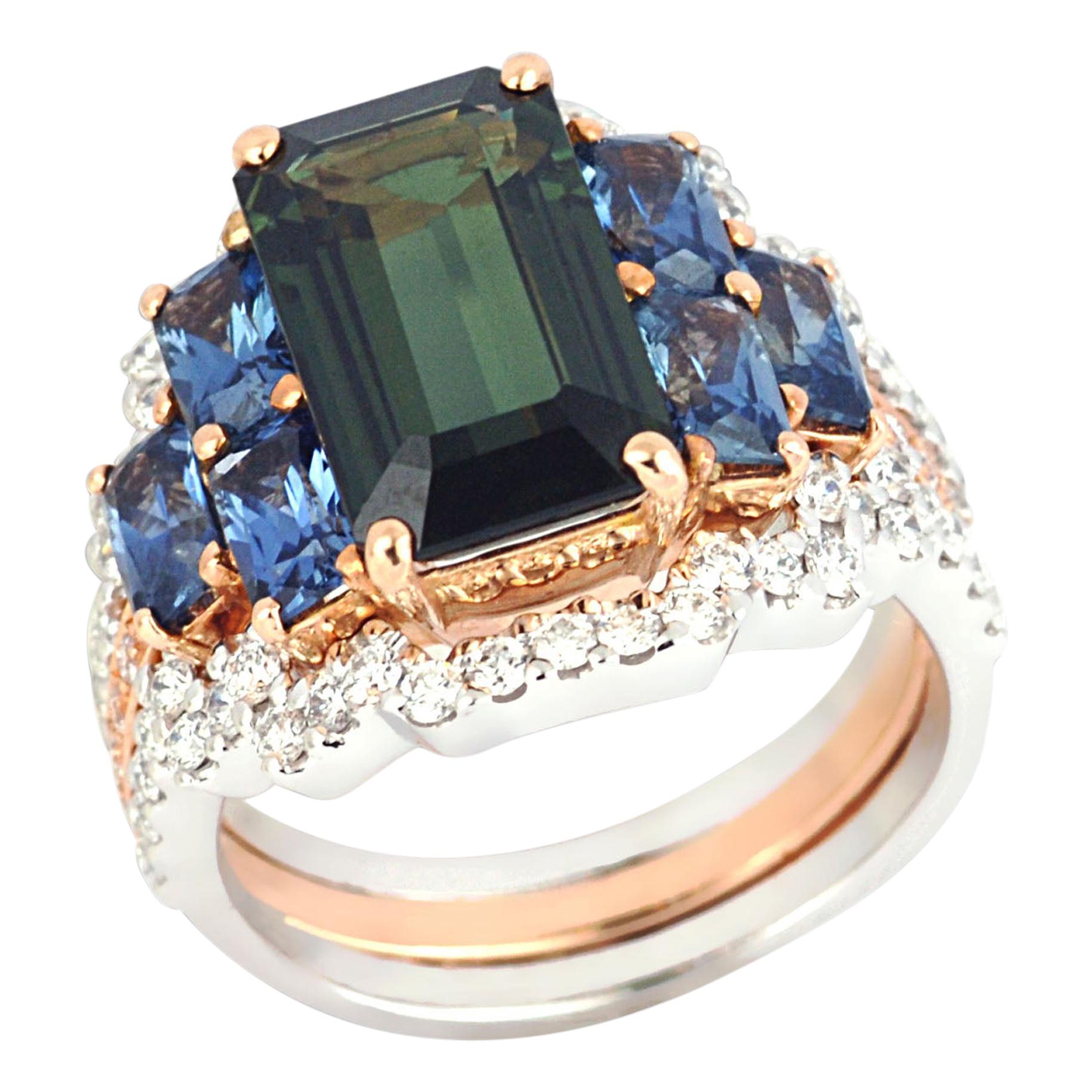 Green Sapphire, Blue Sapphire with Jacket Diamond Ring in 18K White/Pink Gold