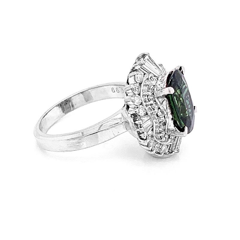 Cushion Cut Green Sapphire Diamond Platinum Ring For Sale