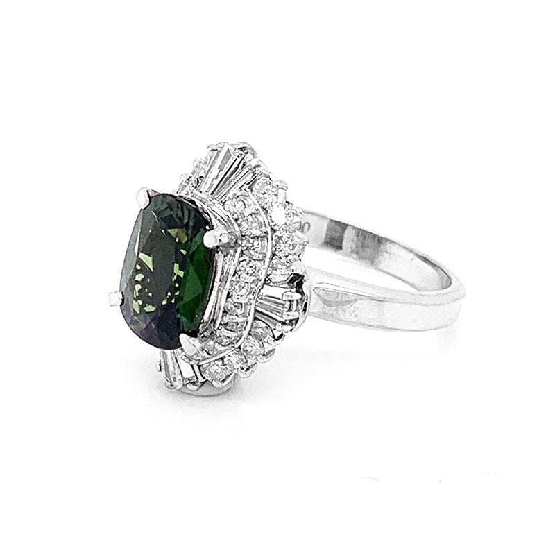 Women's Green Sapphire Diamond Platinum Ring For Sale