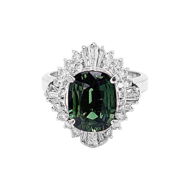 Green Sapphire Diamond Platinum Ring For Sale