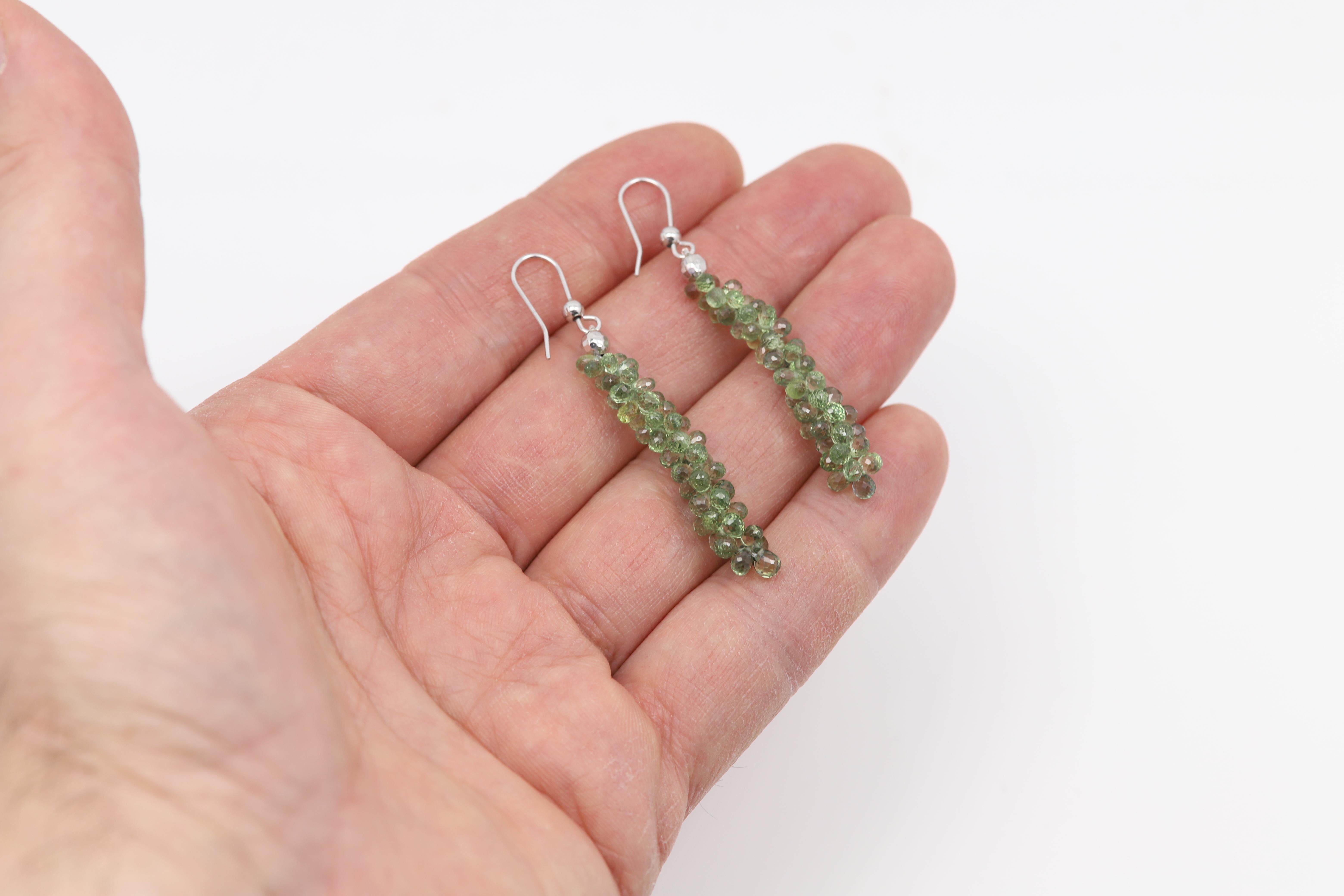 Women's Green Sapphire Drops Dangle Earrings Natural Briolette Sapphire 14 Karat For Sale