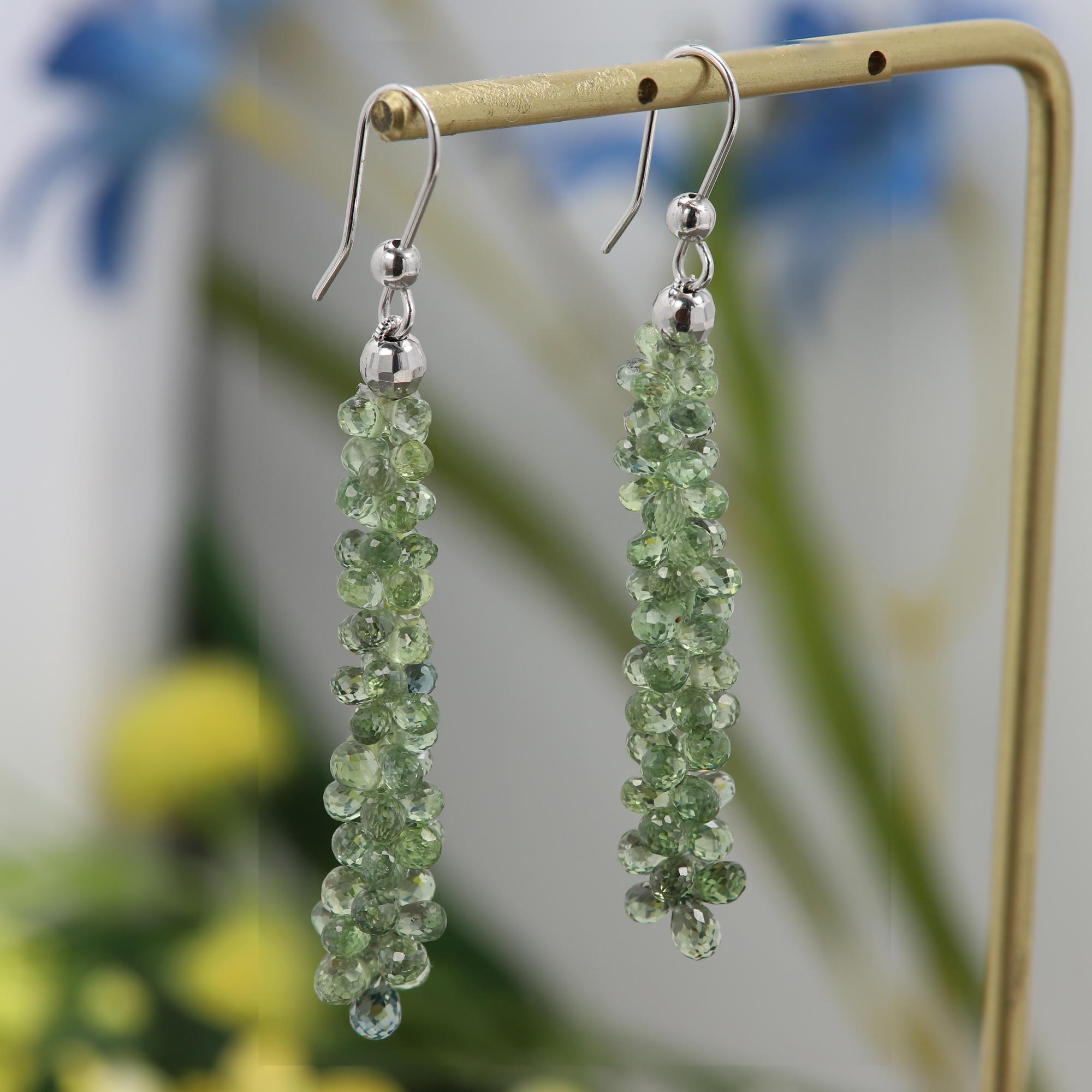 Green Sapphire Drops Dangle Earrings Natural Briolette Sapphire 14 Karat For Sale 1