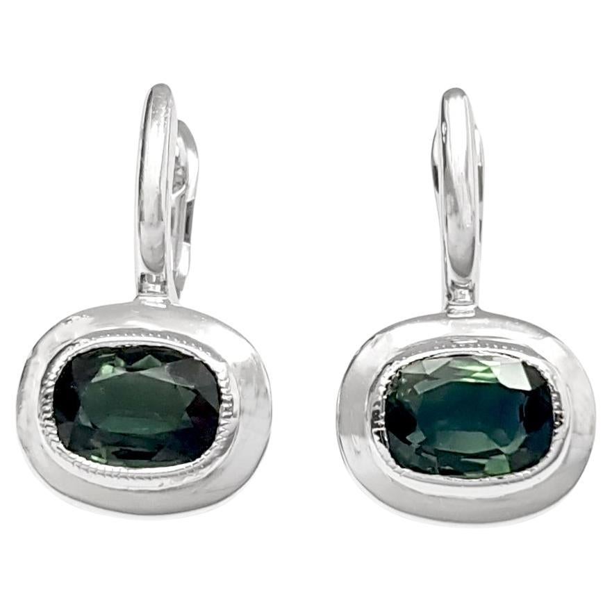 Green Sapphire Earrings set in 18K White Gold Settings For Sale
