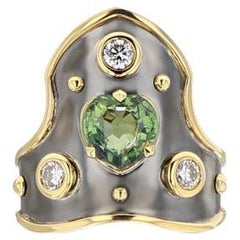Green Sapphire Heart Blason Diamonds Ring in 18K Yellow Gold by Elie Top