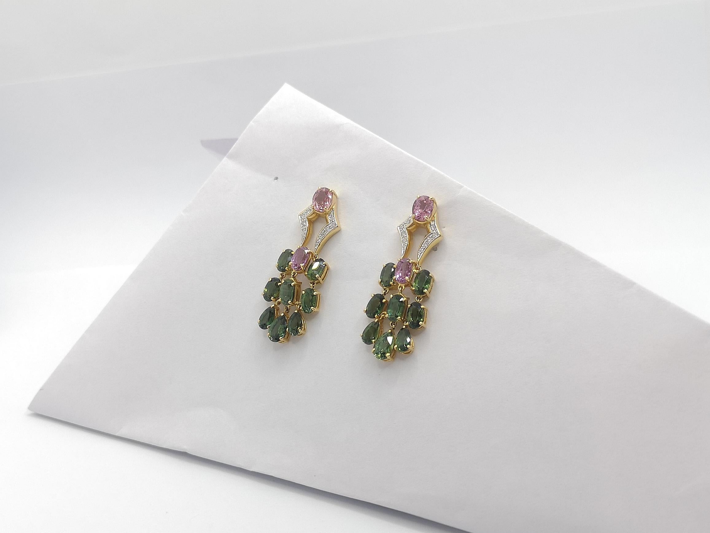 Mixed Cut Green Sapphire, Pink Sapphire and Diamond Earrings Set in 18 Karat Gold Setting For Sale