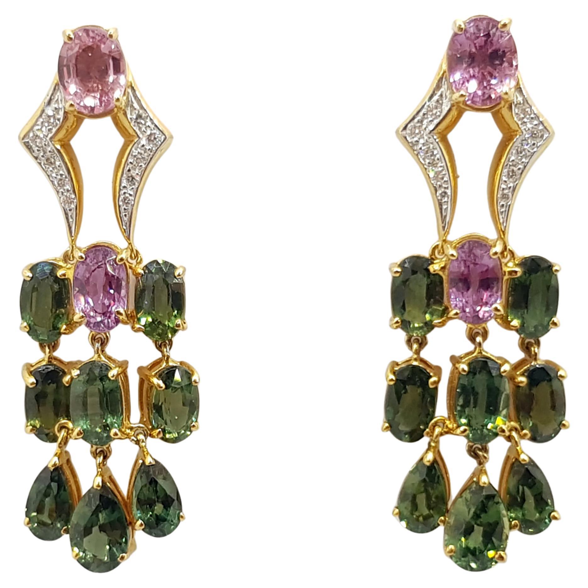 Green Sapphire, Pink Sapphire and Diamond Earrings Set in 18 Karat Gold Setting For Sale