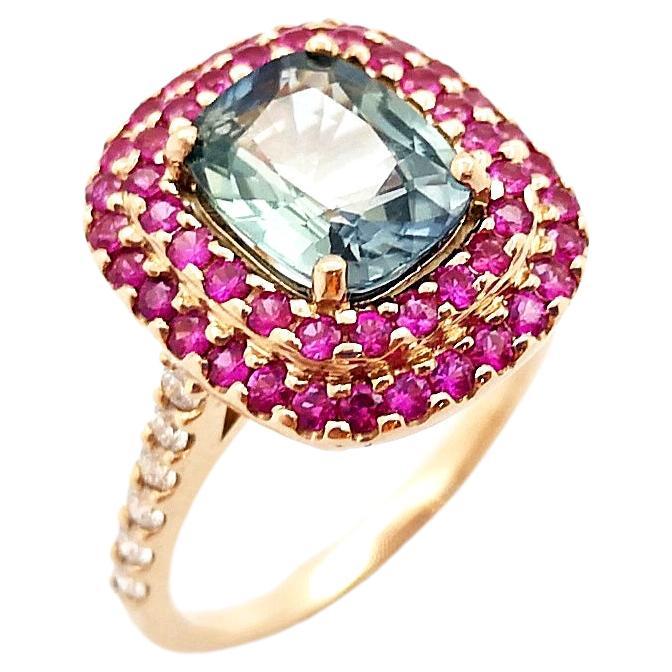 Green Sapphire, Pink Sapphire and Diamond Ring set in 18K Rose Gold Settings For Sale