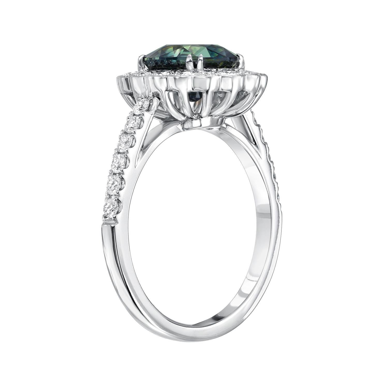 Unique 2.80 carat Green Sapphire oval, unveiled in a 0.63 carat diamond ring in 18K white gold.
Ring size 6.5. Resizing is complementary upon request.
Crafted by extremely skilled hands in the USA.
Returns are accepted and paid by us within 7 days